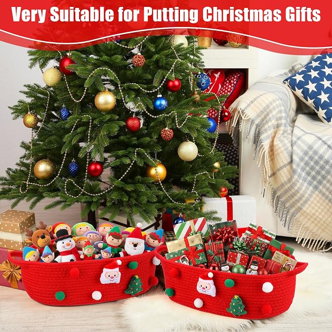 FoldTier 1 Pack Christmas Gift Basket Empty 15 x 9.9 x 5.1 Inch Santa Red Christmas Storage Bin with Handles, Woven Cotton Rope Basket for Gifts Holiday Treats Party Supplies, Home Xmas Decorations