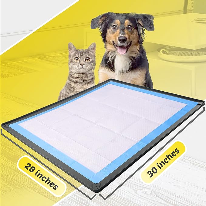 Dog Pee Pad Holder Tray Fits for 28” x 30” Pee Pads - 1 Pack - Grey | Corner Lock Holes, Raised Edges, Non-Spill, Easy to Clean Silicone Dog Potty Tray Holder, For Indoor Floor Protection