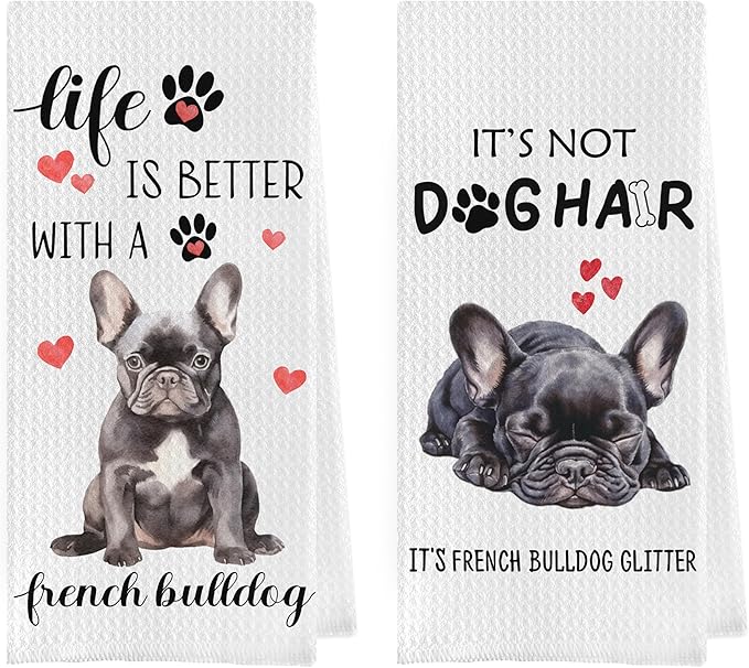 Gqtt French Bulldog Dish Towels Set - Funny Bulldog Gift Waffle Weave Kitchen Towels, Decorative Hand Tea Towels for Kitchen Bathroom (1624 Inches Set of 2)
