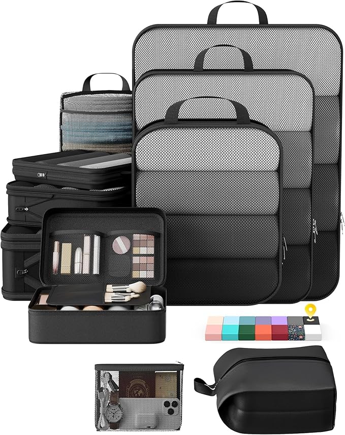 Veken 10 Set Compression Packing Cubes Garment Bags for Travel Essentials,Compressible Expandable Luggage Organizer Bags for Clothing,Space Saver Bags with Over 1000 pcs of Mesh Holes(Black)