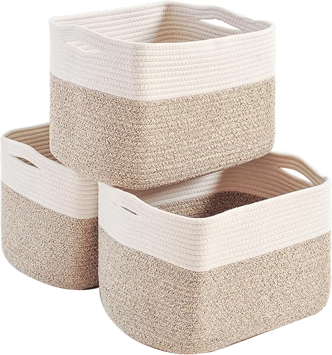 Storage Baskets for Organizing 14.8×11×9.5 Off White & Brown | Woven Storage Bins for Shelves, Toys, Books, Towels, Cotton Rope Basket for Living Room Bathroom Bedroom Nursery, 3 Packs