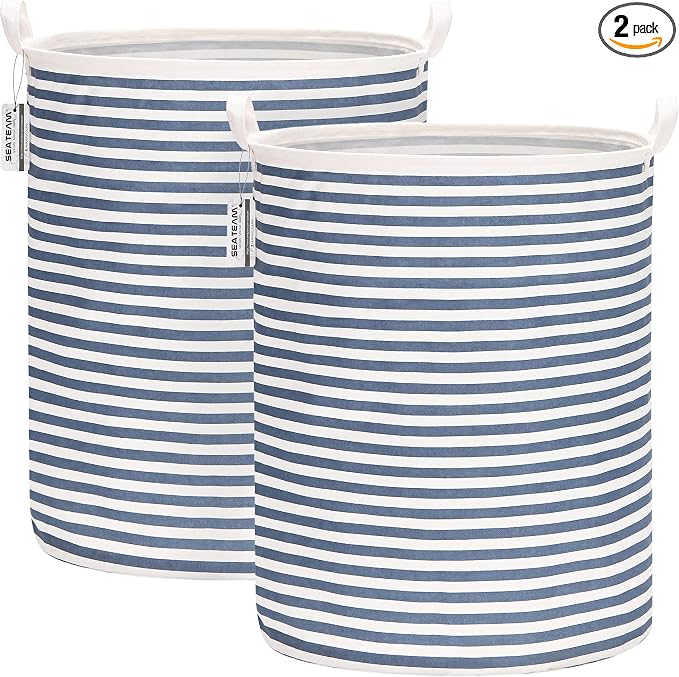 Sea Team Large Canvas Laundry Basket with Handles, Blue Stripes, 2-Pack | Collapsible Fabric Laundry Hamper, Closet Shelf Organizers, Containers for Clothing, Blankets, Toys, Bedding, 19.7 x 15.7”