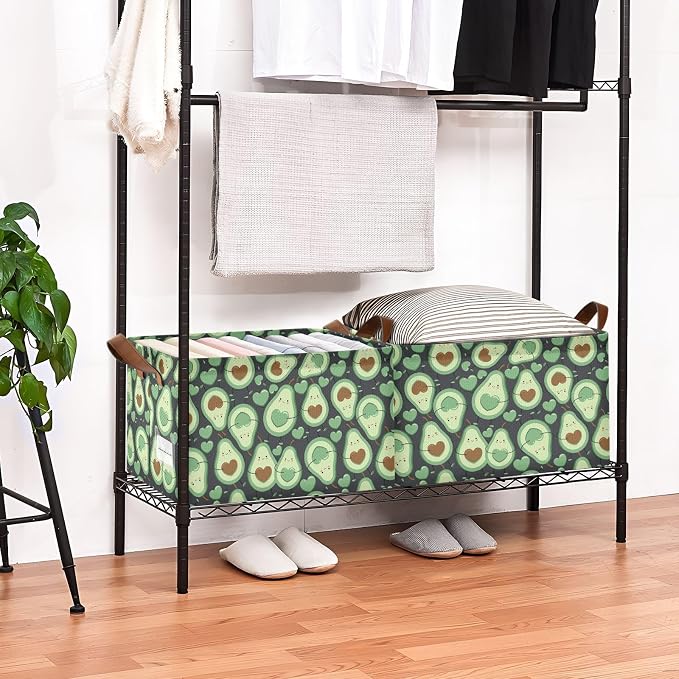 Avocado Green Happy Fruit Storage Bins for Shelves with Labels&Handles Fabric Organizer Bin Foldable Rectangle Storage Basket Boxes for Closet, Bathroom, Home, Living Room