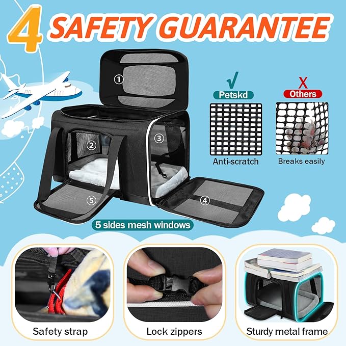Top-Expandable Small Pet Carrier with Wheels Airline Approved | 17"x11"x9.5", for Alaska Airlines, Lockable Safety Zippers and Anti-Scratch Mesh, Pets Under 10 Lbs, Black