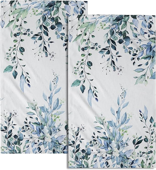 Blue Eucalyptus Hand Towels Set of 2 Sage Leaves Soft Absorbent Small Bath Towel Kitchen Dish Guest Towel for Bathroom Hotel Gym Spa