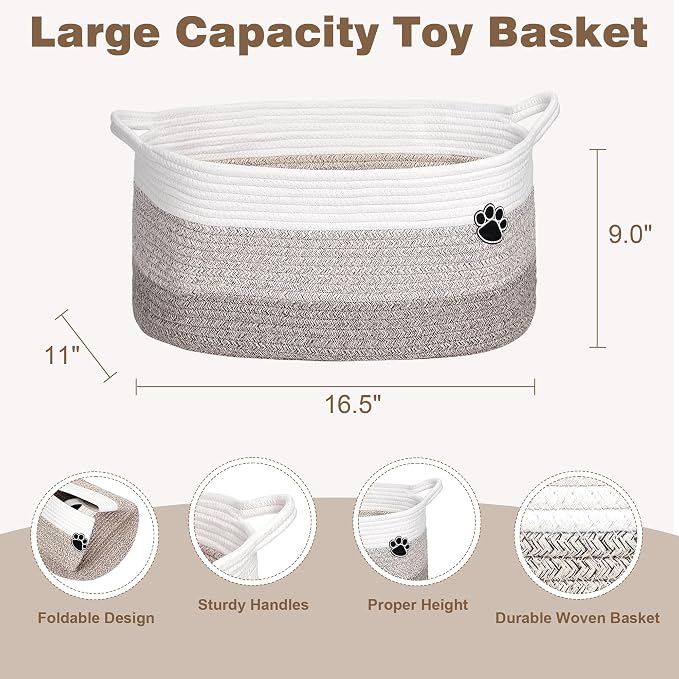 Optish 25L Dog Toy Basket,16.5" x 11" x 9" Medium Toy Storage Box and Bin with Handles, Woven Rope Foldable Basket for Blankets, Living Room, Bedroom, Home Decor, White & Brown