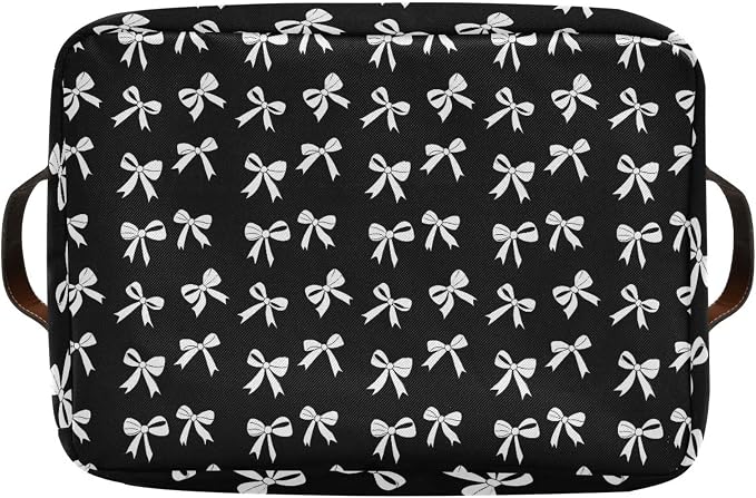 Wamika Black White Bow Storage Basket with Waterproof Liner and PU Handles Coquette Bowknot Storage Bins Boxes 14.2" Collapsible Decorative Organizer Baskets for Bedroom Closet Office 1 Pack