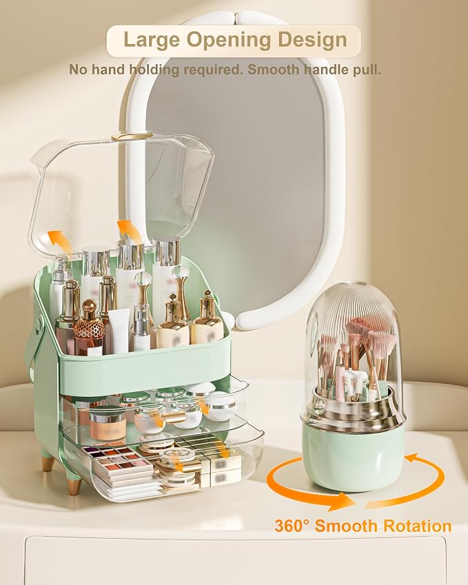 Makeup Organizer Countertop, Skincare Holder Bathroom Counter Organizer, Storage Box Cosmetic Display Cases, Teen Girl Gifts Make up Organizers (Green/Brush)
