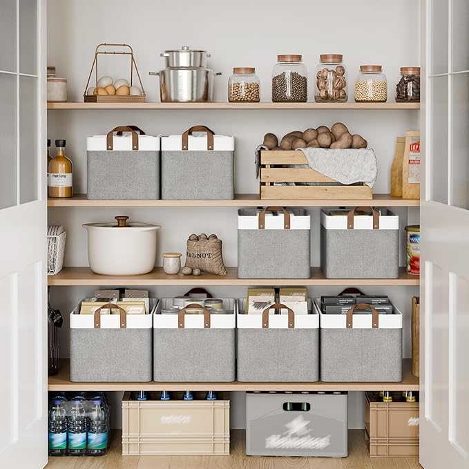 StorageWorks Fabric Storage Bins, Gray and White, Extra Large, 2-Pack | With Reinforced PU Handles, Metal Frame, Collapsible, Storage Basket for Shelves, Closet, Holds Clothes, Towels, Blankets