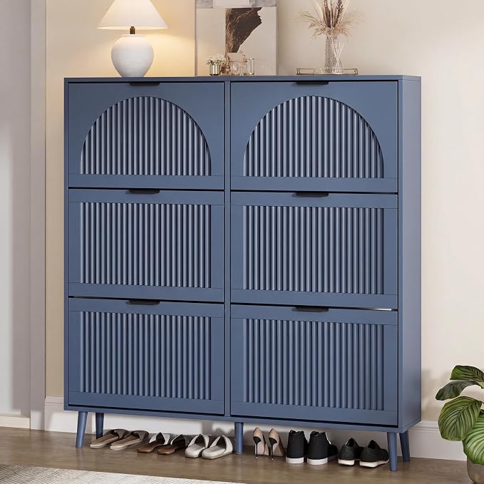 Shoe Storage Cabinet with 6 Flip Drawers, Narrow Wood Shoe Organizer Cabinet with Fluted Panel, Slim Shoe Rack for Entryway, Freestanding Shoe Cabinet for Living Room, Hallway, Blue