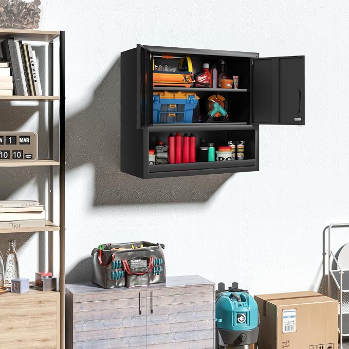 Garage Wall Cabinet with 2 Locking Doors and Shelf Metal Storage Cabinet | Wall Mounted Heavy Duty Steel Tool Cabinet Hanging Cabinet for Garage Warehouse Bathroom Kitchen,Assembly Required
