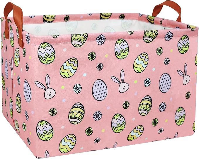 Large Rectangular Easter Baskets Empty Waterproof Boy Toy Box Foldable Kid's Gifts Storage Bin Spring Room Decor(Pink Black Line Egg)