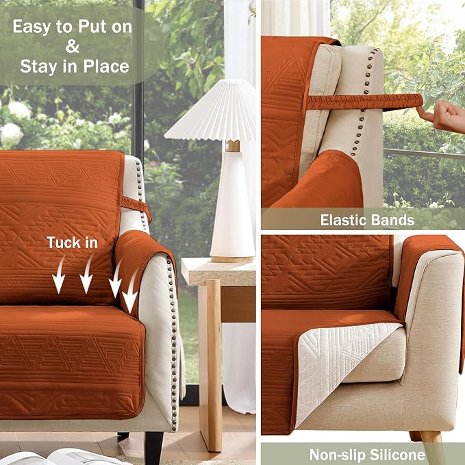 Boho Orange Quilted Recliner Covers, Water-Repellent Recliner Slipcovers, Lazy Boy Chair Covers, Pet Friendly Recliner Cover for Dogs, Washable Furniture Protector (Recliner 22", Burnt Orange)
