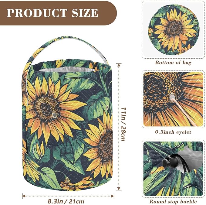 Fustylead Retro Vibrant Yellow Sunflower Large Yarn Storage Tote Basket, Knitting Crochet Drawstring Organizer Bag for Crocheting Project, Yarn Balls, Needles Accessories