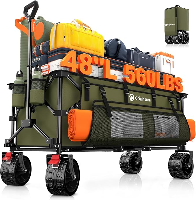 Originsure 300L Beach Wagons Carts Foldable with Big Wheels, 560lbs, Green | 48" Folding Utility Wagon,7" All-Terrain Wheels,Heavy Duty Frame,Compact&Space-Saving,for Camping,Sports,Grocery,Garden