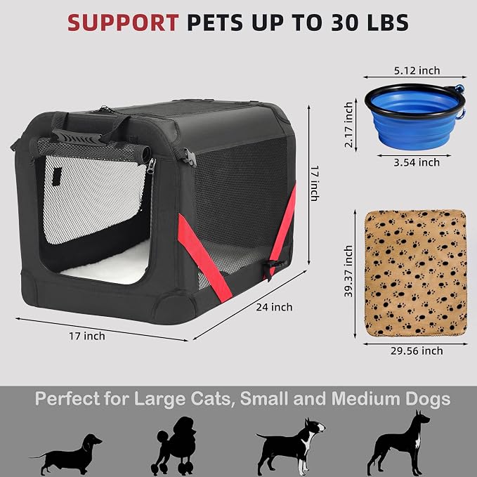Petprsco Large Cat Carrier for 2 Cats/Small Dogs 24"x17"x17" for Car Travel | Soft Pet Carrier for Large Cats & Small/Medium Dogs, Includes Warm Blanket, Foldable Bowl & Washable Pad, for Long Car Trips