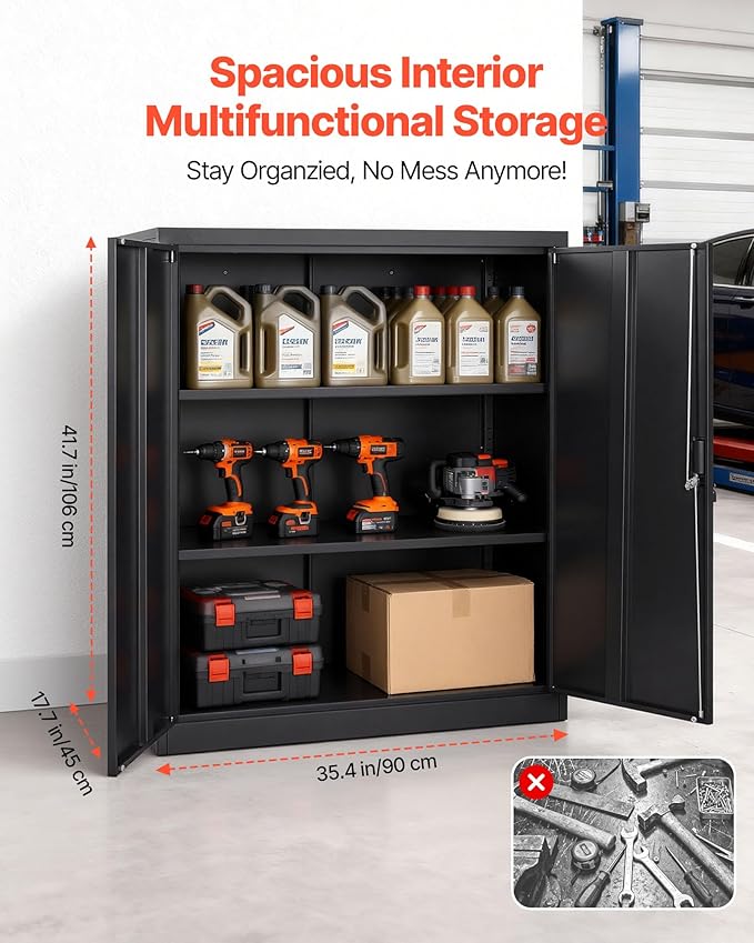 VEVOR Metal Storage Cabinet, 41.7 in Steel Garage Cabinet with 2 Adjustable Shelves, 2 Magnetic Doors & 2 Keys, 3 Tiers Lockable Tool Storage for Pantry, Warehouse, Basement, Office, Black