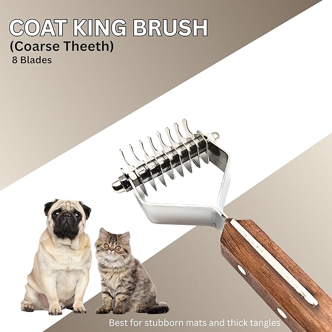 Undercoat Dematting Rake for Dogs & Cats – Grooming Tool with Stainless Steel Teeth & Wood Handle – Undercoat Remover for Thick & Matted Pet Fur (8 Blades)