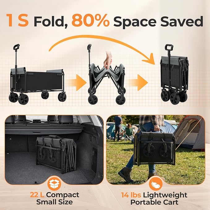 3-in-1 Portable Collapsible Wagon Cart with Removable Side | Utility Groceries Wagon, Foldable Cart for Dogs Pets Shopping Camping Beach Sports Gardeing Fishing, Black