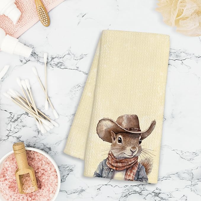 Western Cowboy Squirrel Gifts Kitchen Towels Decorative - Squirrel Lover Gifts Dish Tea Towels for Kitchen Drying, Cowboy Hat Animal Hand Towels for Bathroom Decor, 16x24 Inch