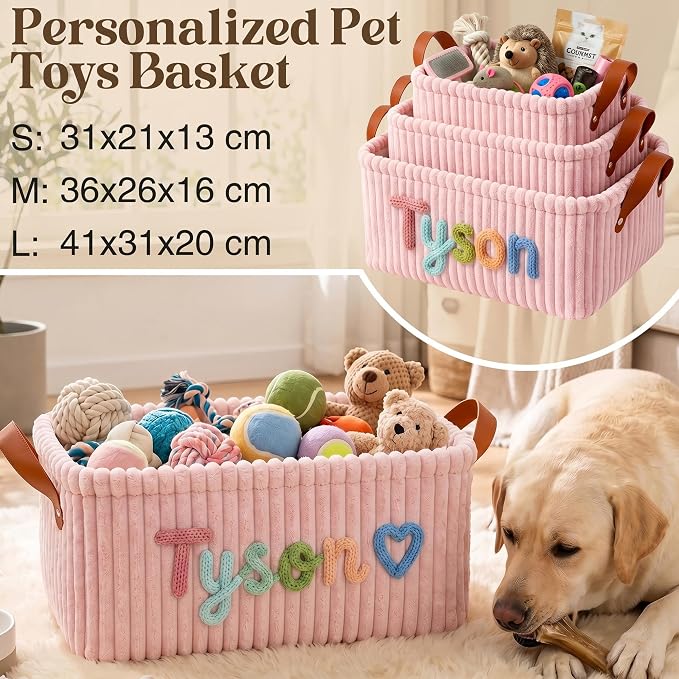 EAQ Personalized Dog Cat Toy Storage Basket Custom Pet Organizer Bin with Name, Pet Toy Box for Dog Accessories, Treats & Supplies