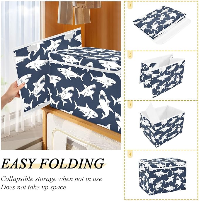 Ocean Angry Sharks Storage Bins with Lids Closet Bedroom 40L Storage Basket | Decorative Storage Boxes, Foldable & Stackable, Dust-Proof Flip Top, Reinforced Handles, For Home & Dorm, Clothes & Toy Box