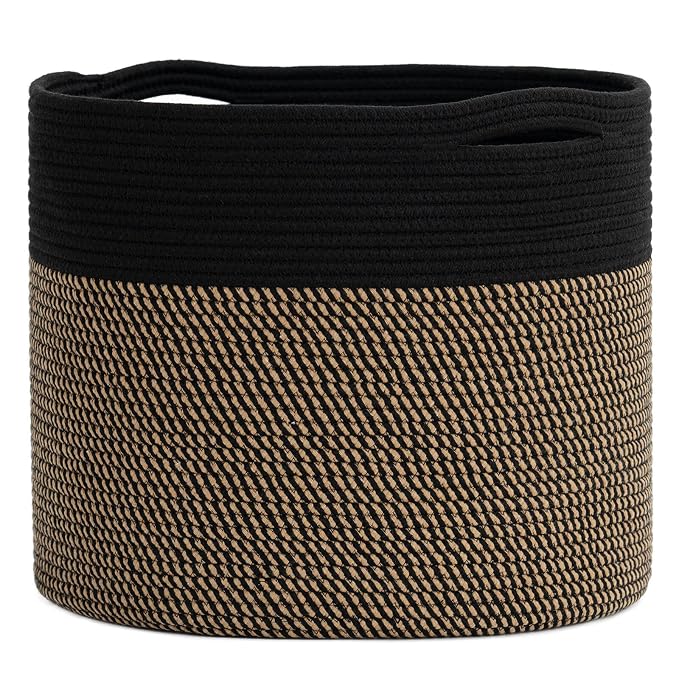Goodpick Wicker Blanket Basket Living Room, Toy Storage for Playroom, 45L | 15.8 x 15.8 x 13.8 In Storage Basket for Toys Shoes, Cute Baby Laundry Hamper for Towels, Clothes, Black & Mix Jute