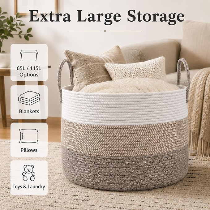 JMvicyroam 115L Extra Large Machine Washable Cotton Rope Blanket Basket | Collapsible laundry hamper, Reinforced handles, For blankets,pillows,toys and clothes, Living room and bedroom,White&BrownMix