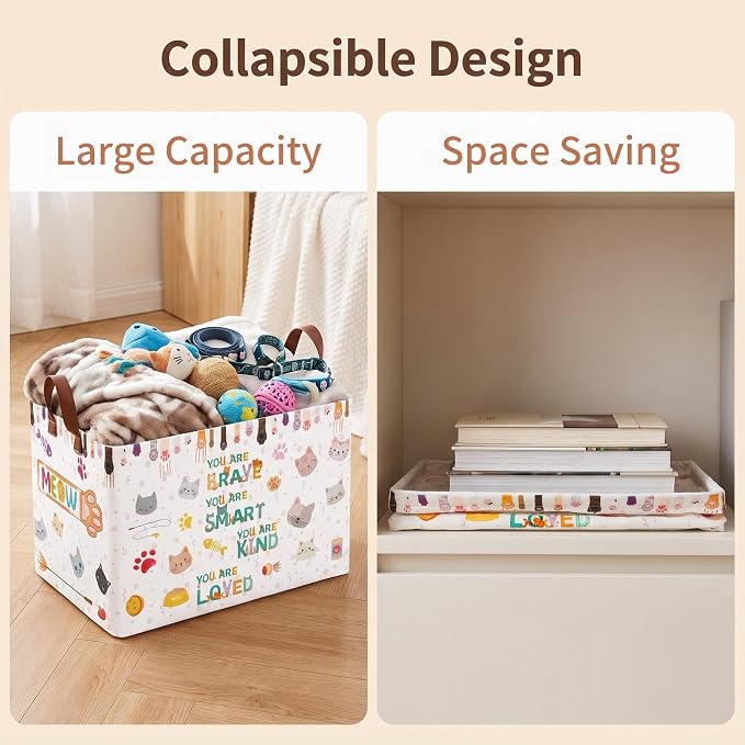 Cute Cat Toy Storage Basket,Square Toy Bin,Storage Bin for Pet Room Decor | Collapsible Nursery Storage Bin with Sturdy Handles for Clothes, Toys, Pillows, Living Room Bedroom Bathroom