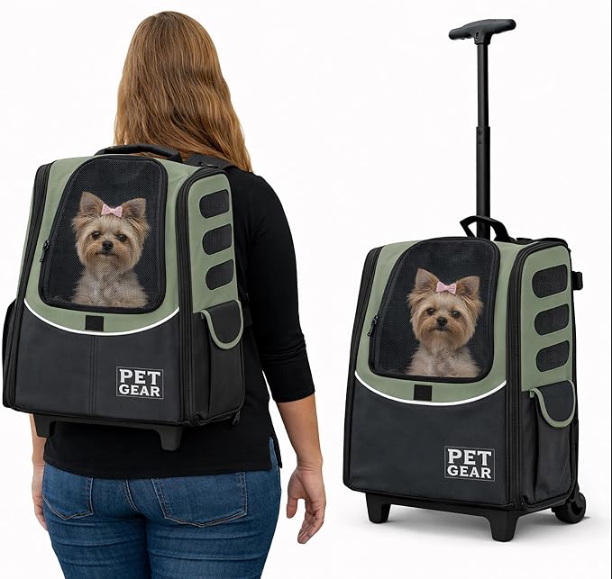 Pet Gear I-GO2 Roller Backpack, Medium Escort, Green Clover | Travel Carrier, Car Seat for Cats/Dogs, Mesh Ventilation, Telescoping Handle, Storage Pouch, Included Tether