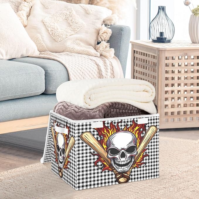 Fabric Storage Bins with Lid Fire Skull Foldable Storage Boxes 40L Baskets | Decorative Storage Boxes, Dust-Proof Flip Top, Reinforced Handles, For Home & Bedroom, Clothes & Toy Box, Skull Fabric Print
