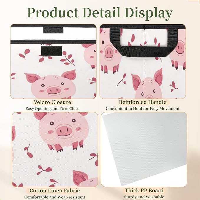 Pink Pig Storage Bins with Lids, Cute Pigs Foldable Storage Boxes with Carrying Handle Organizer Containers Baskets Cube for Home Bedroom Closet