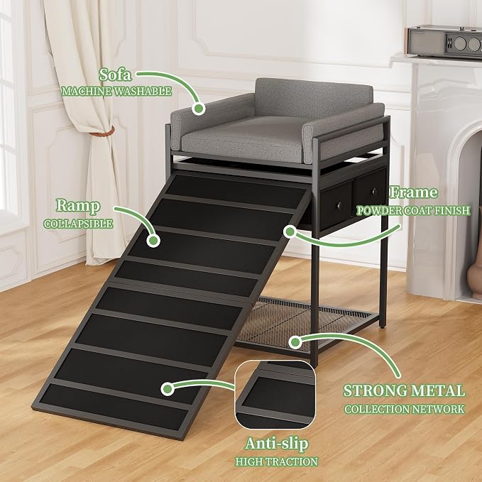 kepptory Dog Sofa with Window Perch & Retractable Dog Stairs, 2‑Tier Pet Bunk Bed with Storage Drawers, Multi‑Function Pet Furniture for Small Medium Dogs Cats, Supports 110 lbs, Easy Assembly
