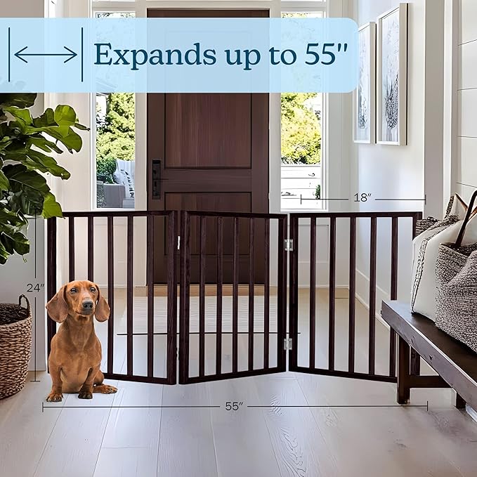 3-Panel Indoor Foldable Dog Fence for Stairs, Hallways, or Doorways - 54x24-Inch Wood Freestanding Dog Gates by PETMAKER (Brown) | Foldable Dog Fence with Accordion Design, Wooden Safety Pet Fence for Stairs, Hallways, Doorways, and Porch
