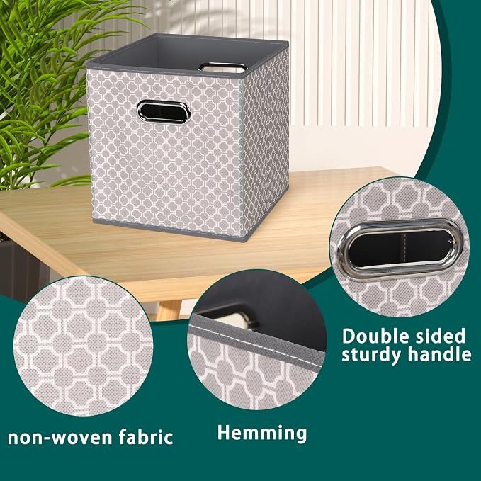 Black Foldable Storage Cubes Bins, Fabric Storage Box Cubes Organizer Baskets with Dual Handles for Home Organizer,Set of 3,(Grey Light)