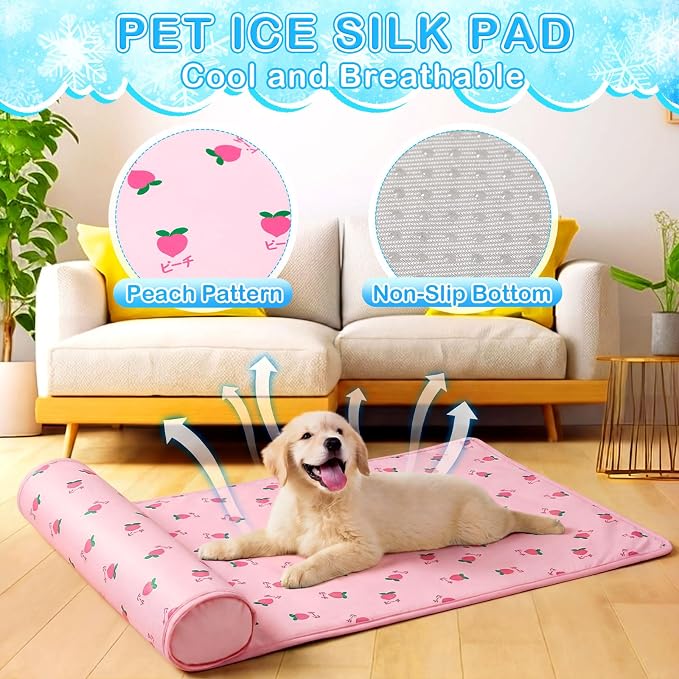 DoubleFill 4 Pack Cooling Pet Mats 23.6" x 31.5" Cooling Dog Beds with Supportive Pillow Self Ice Washable Cool Pads Summer Cat Sleeping Pad with Storage Bag for Summer Crate Floor (Large, Pink)