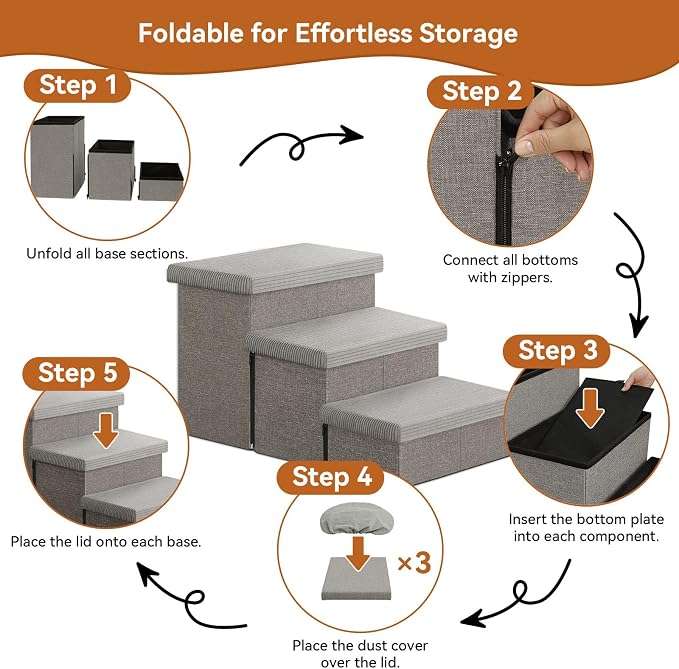 Zerbuger Dog Stairs with Storage, Grey Stripes Lids 3 Steps Ramp no Condo | 18" H Wider Dog Steps for High Beds Couch, Folding Storage Pet Stairs Gift for Climbing Small/Medium/Large Old Dogs Cats