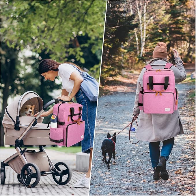 Modoker Dog Travel Backpack Set with 2 Food Bags, 2 Bowls and 1 Mat, Pink | Water-Resistant Oxford Fabric | Roomy Main Compartment | Multiple Functional Pockets | Stroller Strap | Leak-Resistant Lining