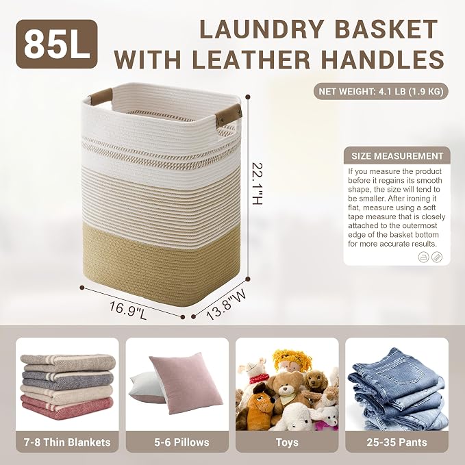 85L Tall Woven Laundry Basket Hamper with Leather Handles,Khaki | collapsible wicker hamper, storage for dirty clothes, toys, blankets, gifts, living room, bedroom, bathroom, 17"x14"x22"