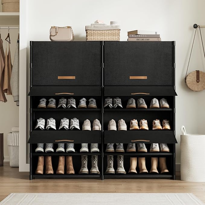2 by 7 Tier Shoe Cabinet, 42-Pair Storage for Closet, Black | Removable Layer Fits Tall Boots, Split into 2 Units for Different Spots, Door Keeps Shoes Clean