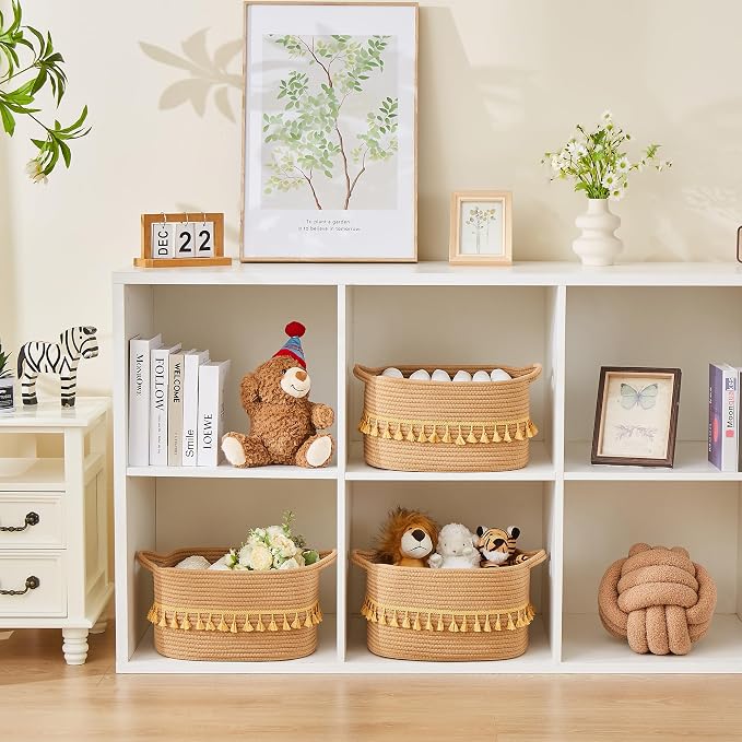 Storage Basket, Woven Baskets for Shelves, Brown Basket | 3 Pack Boho Cotton Rope Storage Baskets, 14" x 9" x 8", Home Organizer for Nursery, Holds Toys, Books & Towels