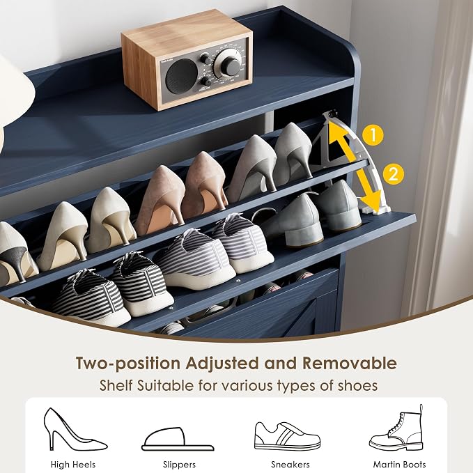 Shoe Storage Cabinet, Shoe Cabinet with 2 Flip Drawers, Narrow Shoe Rack Cabinet, Farmhouse Slim Shoe Cabinet Storage for Entryway,Blue