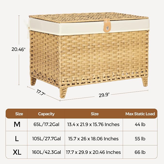 Wicker Storage Basket with Lid, 160L Shelf Basket with Removable Liner Bag | Rattan-Inspired Woven Design, Elevated Feet, Storage Trunk for Wardrobe, Bedroom & Home Organization