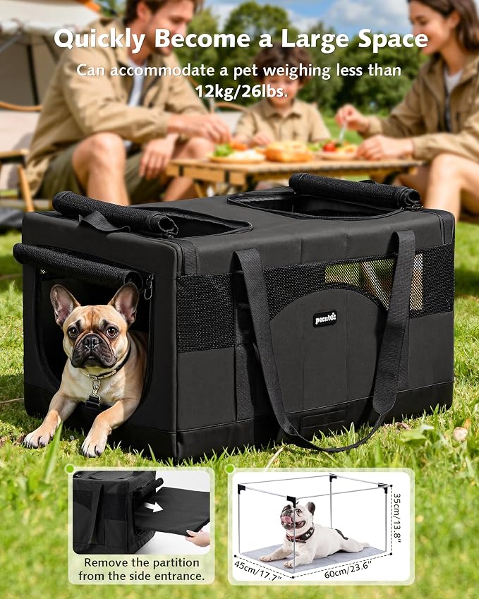 Pecute Cat Carrier, Soft Double Pet Crate for 2 Cats Travel, Dark Gray | Anti-Collapse Steel Frame, Convertible Dual Space, Foldable, Polyester Breathable mesh, Up to 26 lbs, Car Travel & Vet Visits
