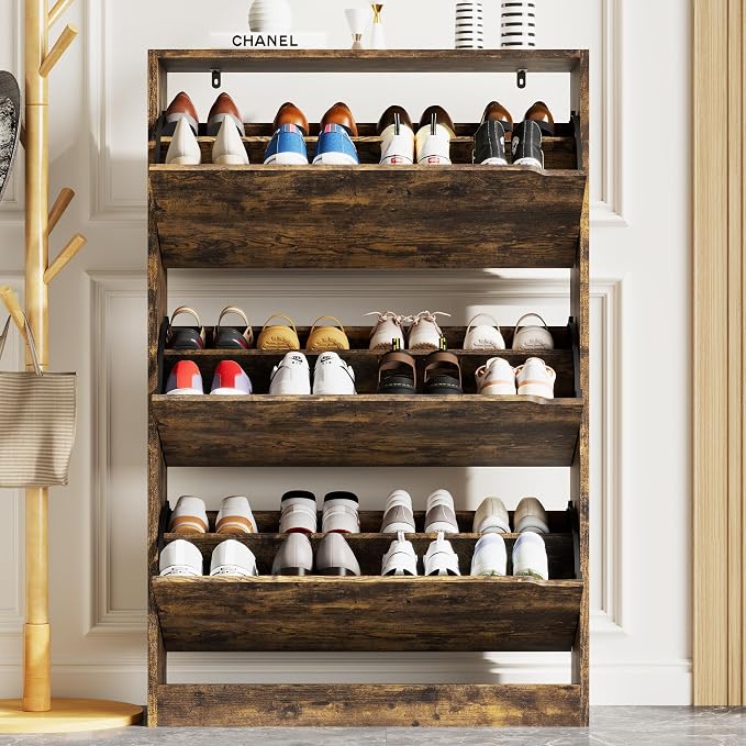 Xixini Shoe Storage Cabinet for Entryway with 3 Flip Drawers, Sturdy Wood Hidden Shoe Storage, Freestanding Narrow Slim Shoe Organizer for Front Door Entrance, Living Room, Hallway, Bedroom, Brown