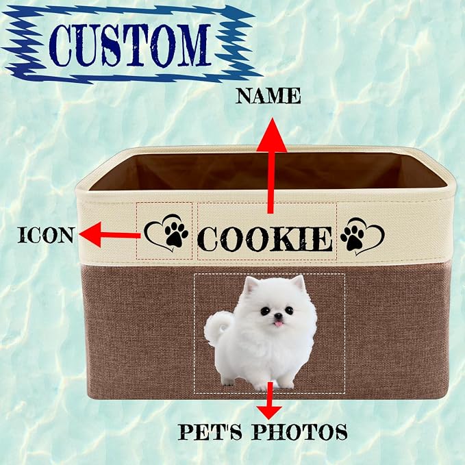 Personalized Pet Toy Basket Custom Dog Toy Storage Organizer with Handles Customized Dog Basket Box with Name Photo Icon for Dogs Cats - Blue