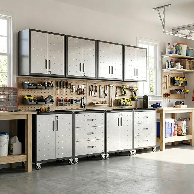 Garage Cabinet System | Heavy Duty Steel All-in-One Modular Garage Cabinet Set for Ultimate Workshop Organization | Easy Assembly Garage Storage Cabinets & Tool Bench