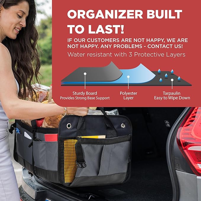 Car Cargo Organizer for SUV, Truck & Auto Storage, Gift, Grey, Large | Fits Cars, SUVs & Trucks • 4 Adjustable Compartments • Non-Slip Base & Straps • Foldable • 11 Pockets • Gift