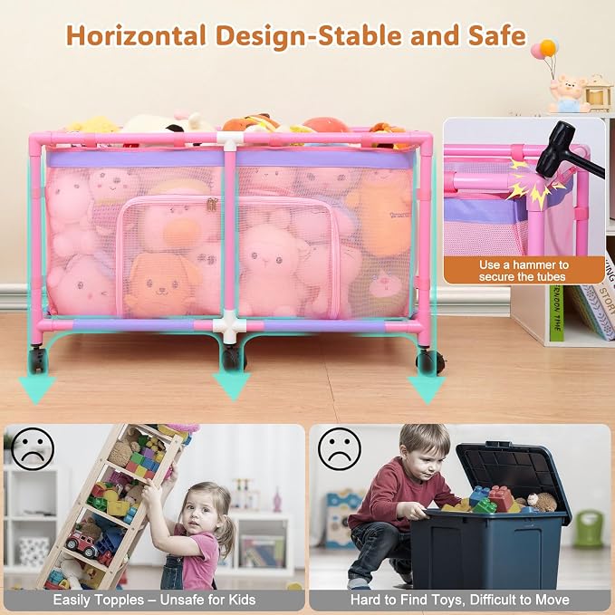 FIOBEE Toy Box for Girls Boys with See-Through Mesh & 360° Rotating Wheels | Kids Toy Chest Organizer, Stable Structure & Easy Install, Extra Large Storage Bin for Clothes, Ball, Pet Toys, Swimming Ring