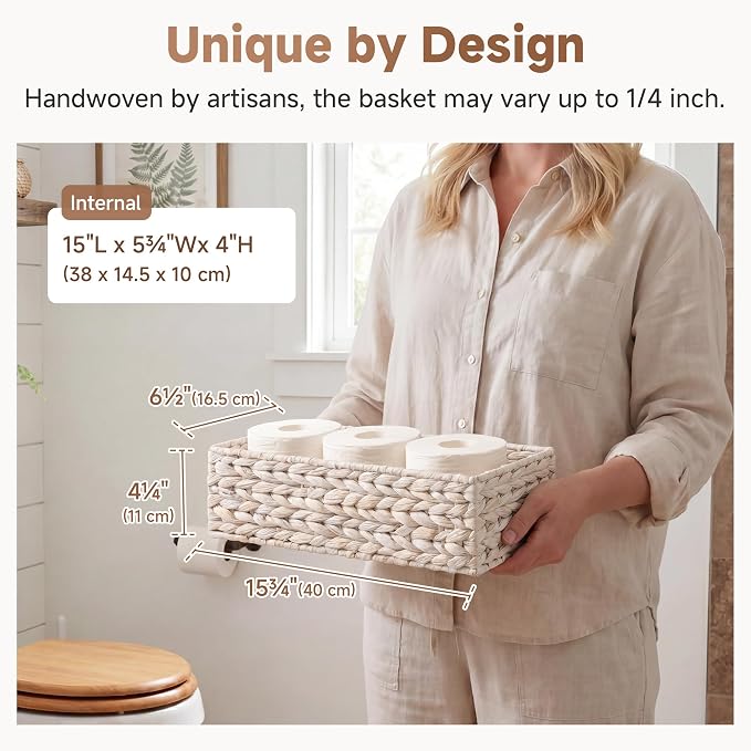 StorageWorks Small Toilet Paper Basket for Back of Toilet Basket, White | Wicker Baskets for Bathroom Decor, Decorative Water Hyacinth Bathroom Basket Organizer and Storage for Tank Topper, 2 Pack